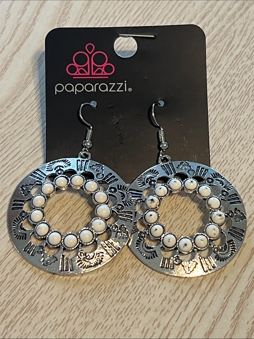 Paparazzi Silver-Tone Hoop Earrings with White Bead Accents